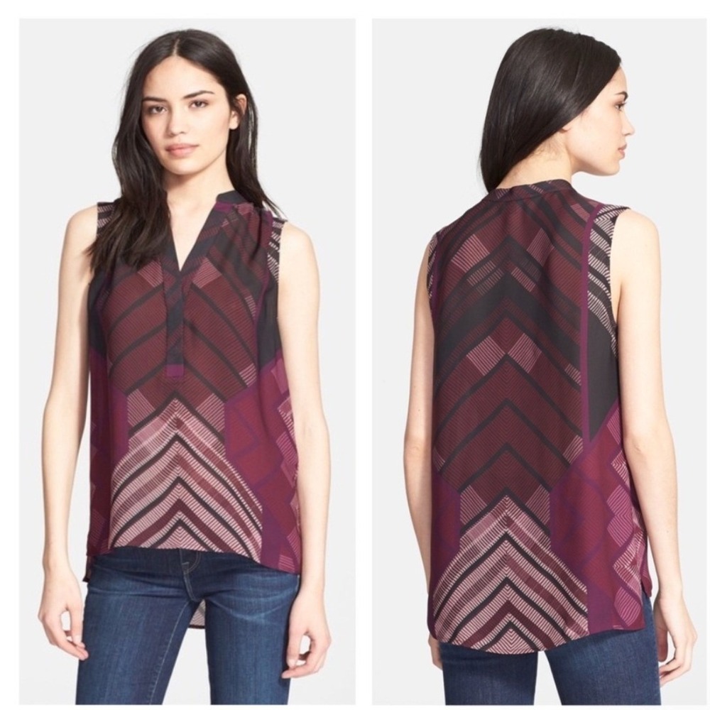 Vince Geometric Chevron Sleeveless Silk Blouse Plum Burgundy L 100% Silk Top